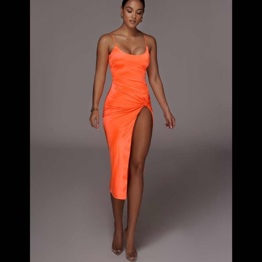 JLUXLABEL - Orange Aldis Satin Slit Dress SMALL